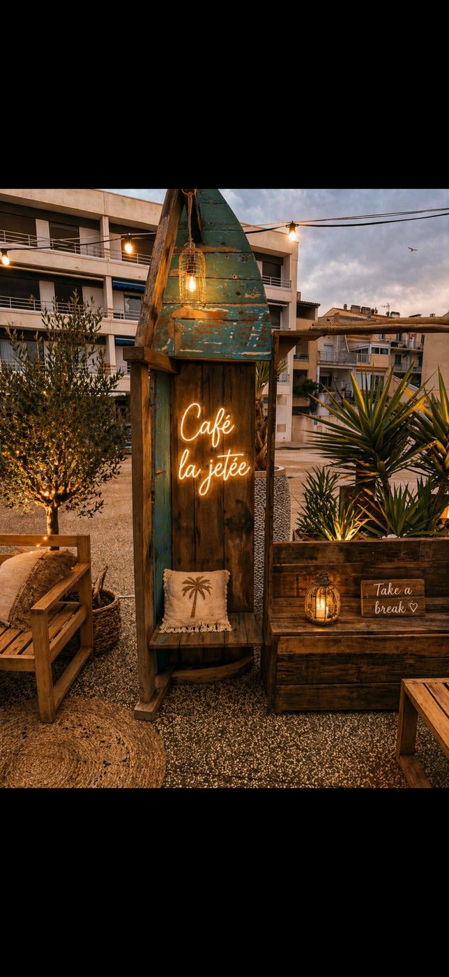 Barque verte avec néon Café la Jetée